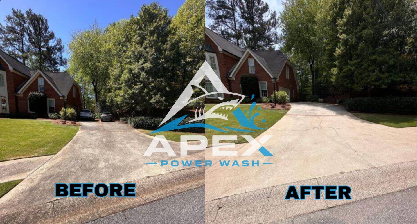 Before and after driveway pressure washing at a Houston-area home
